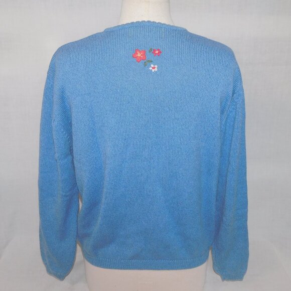 VTG Tulchan Womens XL Blue Pink White Embroidered Flowers Knit Sweater - Picture 8 of 10